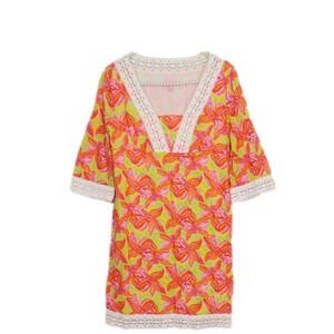 LILLY Pulitzer Floral Orange Pink Dress Lace Trim